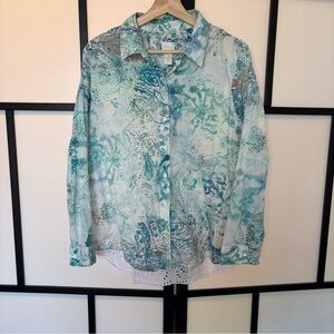 CHICOS Womens Watercolor Floral Top Size 2=LARGE US Button Up Long Sleeve eyelet